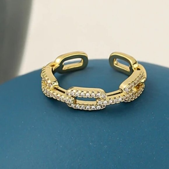 New 18K Gold Plated Diamond Link Chain Resizable Ring 9d - Picture 3 of 5